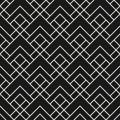 Vector geometric squares pattern. Abstract seamless texture with lines, square grid, diamond shapes, rhombuses. Simple modern black and white background. Repeat dark monochrome design for print, decor