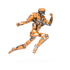 master robot is jumping on action to punch all around in white background