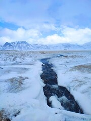 Snowy landscape near Ytri Tunga in Iceland