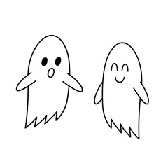 Couple cute ghosts. Halloween cartoon characters doodle. Hand drawn outline vector isolated illustration on white background.