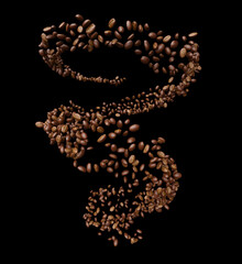 Coffee. Fresh-roast coffee beans of arabica flying by spiral. Bracing good morning drink concept, isolated black background. 3d illustration.