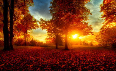 An autumn scene, falling leaves, digital art