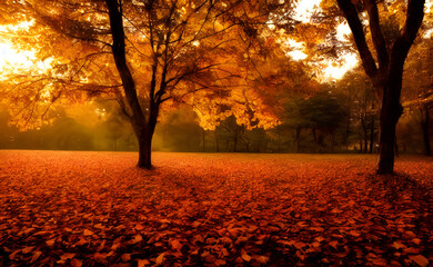 An autumn scene, falling leaves, digital art