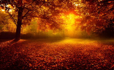 An autumn scene, falling leaves, digital art