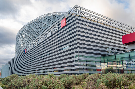 MOSTOLES, SPAIN - SEPTEMBER 22, 2021: "Rey Juan Carlos" University Hospital, located in Mostoles, Spain, a modern building designed by the Rafael de La-Hoz studio, inaugurated in 2012