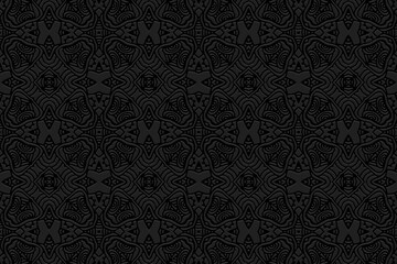 Embossed black background, ethnic cover design. Geometric 3D pattern, press paper, handmade, creative boho style. Tribal ornamental motifs of the East, Asia, India, Mexico, Aztecs, Peru.