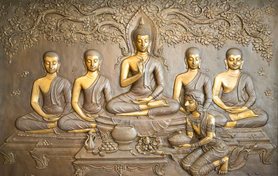 buddha wooden carving.Mural paintings tell the story about the Buddha's history