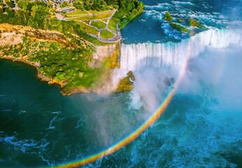 Fototapeta premium High Angle Aerial Drone View Of Niagara Falls With Glorious Rainbow