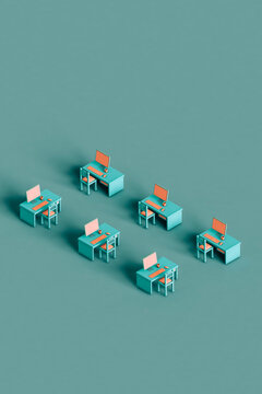 rows of workstation with personal computer and a coffee