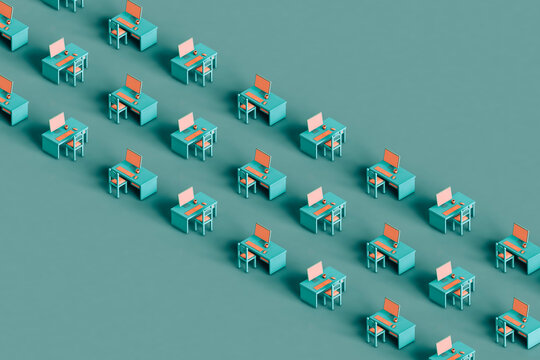 3d render of rows of workstations with personal computer