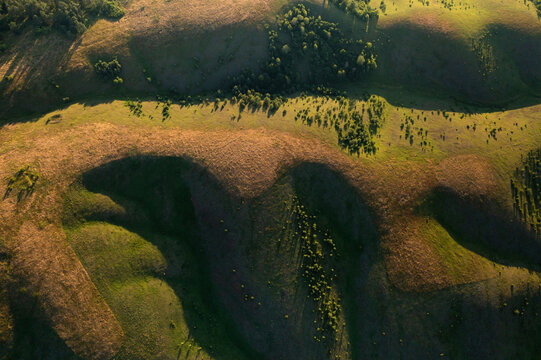 Top view beautiful mountain meadows sunset time