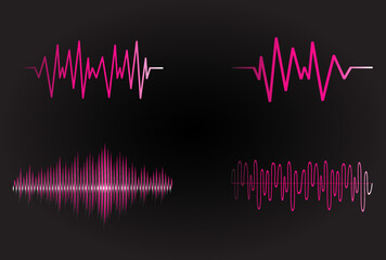 Sound audio wave vector. Icon set isolated on black background. Abstract sound waves for voice design, music background, radio logo and icon. Creative music audio concept. Soundwave vector