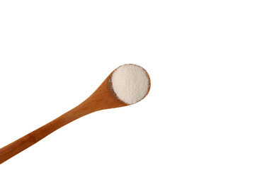 Carrageenan Gum Powder in wooden spoon on white background. Food additive E407 or E407a....