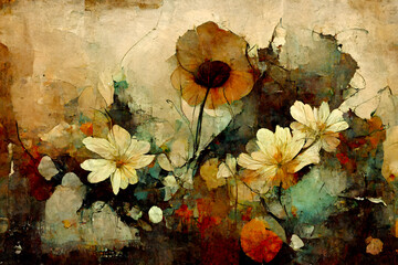 Abstract art painting of flowers - grunge earth tones