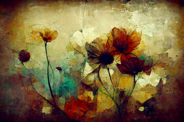 Abstract art painting of flowers - grunge earth tones