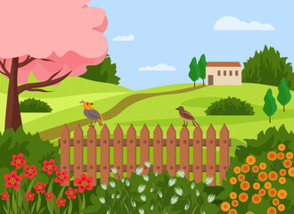 Rural landscape on a sunny day. Scene with fence, flowers and birds, trees, houses, field and hills, birds. Vector drawing. Illustration s for banners, backgrounds, web pages and websites, social