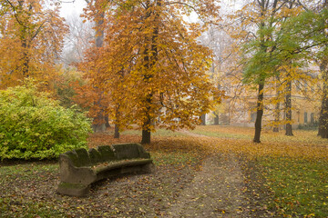 Very old stone bench in park
