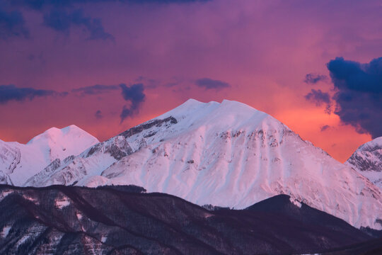 View Of Winter Fiery Sunset Over Monte Corvo In The Gran Sasso E Monti Della Laga National Park