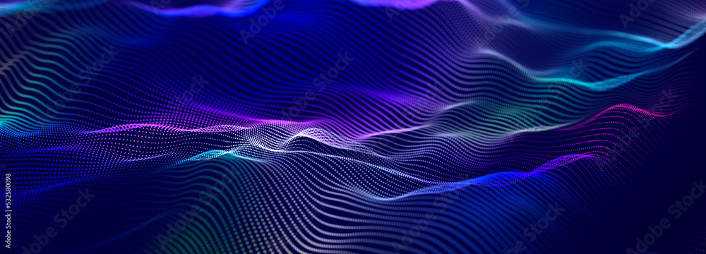 Poster Futuristic dots pattern on dark background. Colored music wave. Big data. Technology or Science Banner. 3D rendering