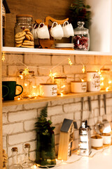 Beautiful interior New Year in the kitchen, New Year's garlands