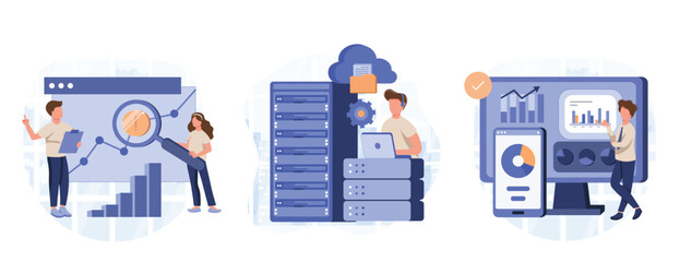 Big Data and Cloud Computing illustration set. Business characters using remote servers to analyzing large sets of data and recognizing mistakes. Actionable data concept. Vector illustration.