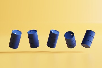 Group of blue oil drums isolated on yellow background