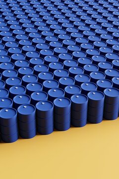 Group of blue oil drums isolated on yellow background