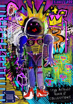 Multicolored funny graffiti with female astronaut