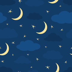 Fototapeta na wymiar Night sky with moon and stars seamless pattern
