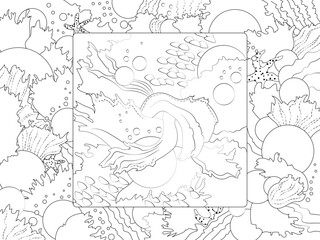 Abstract image of inhabitants of the sea world, algae, fish, bubbles, fish scales, starfish. Square in a rectangle. Handdrawn.