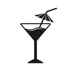 Tropical cocktail with straw and umbrella silhouette flat vector symbol