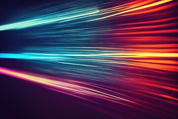 Luminous neon waveform, abstract light effect. Wavy glowing bright flowing curved lines, magical glowing energetic flow of motion with particles, isolated on a black background.