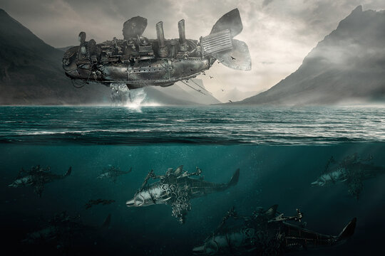 "Illustrazione 3D" Paesaggio marino astratto,una balena cibernetica Steampunk  volante, una scena di fantasia, con isola e delfini e ingranaggi
