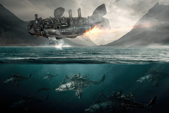 "Illustrazione 3D" Paesaggio marino astratto,una balena cibernetica Steampunk  volante, una scena di fantasia, con isola e delfini e ingranaggi
