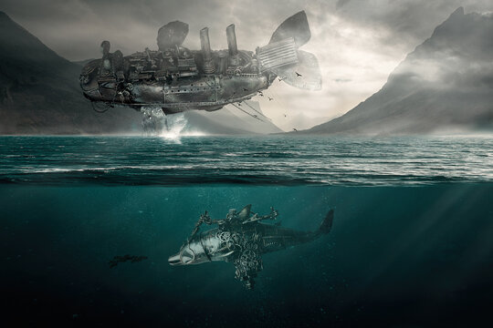 "Illustrazione 3D" Paesaggio marino astratto,una balena cibernetica Steampunk  volante, una scena di fantasia, con isola e delfini e ingranaggi
