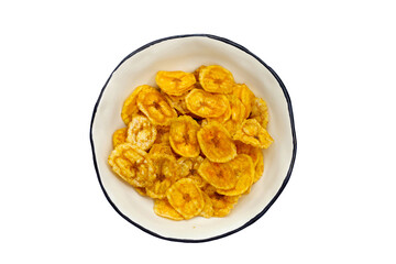 Banana slice chips on white background.