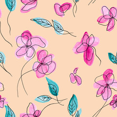 Fototapeta premium Watercolor pink flowers blossom with blue leaf - seamless pattern painting on orange color background
