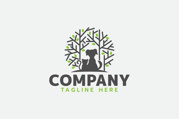 pet park logo with a combination of a dog, cat and shady trees