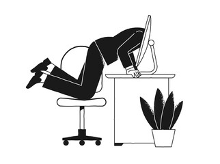 busy businessman working passing his head through a computer screen