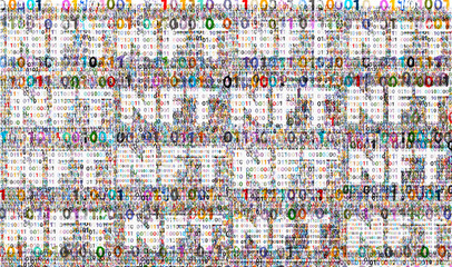 NFT, non-fungible token concept, and binary code pattern
