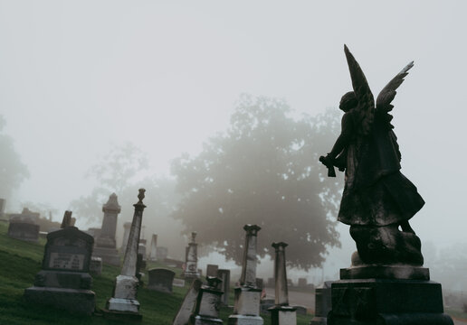 A foggy cemetery