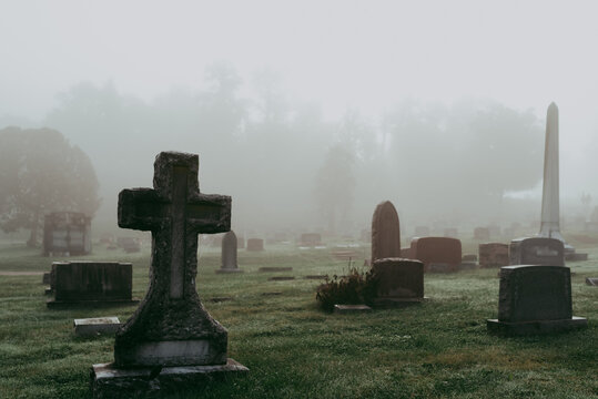 A foggy cemetery