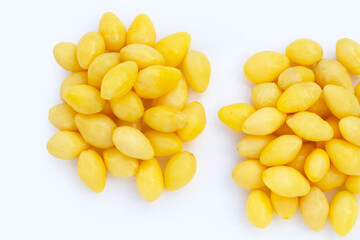 Boiled ginkgo nuts on white background.