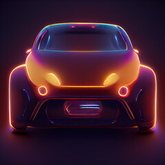 Fototapeta na wymiar Glowing neon fantasy car. Car of the future. Front view. Digital illustration.