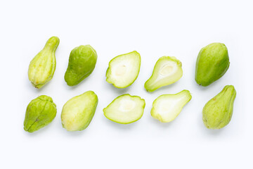 Fresh chayote fruit on white background.