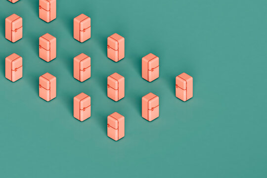 rows of pink fridges on green