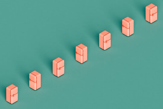 a row of pink fridges