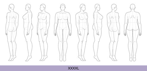 Set of XXXXL Women Fashion template 9 nine head size Croquis over plus size with main lines Lady model Curvy body figure front, side, 3-4, back view. Vector outline girl for Design, Illustration