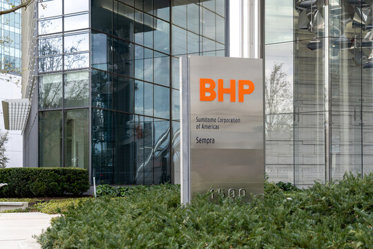 Houston, Texas, USA - March 13, 2022:  The entrance to BHP office in Houston, Texas, USA. BHP is the trading entity of BHP Group Limited and BHP Group plc, an Australian mining company. 