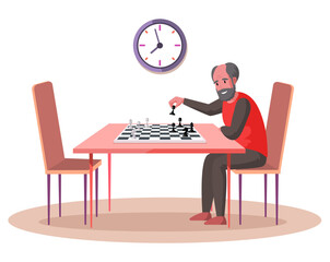 Elderly man playing educational logic games. Furniture and interior of room for strategic game. Male player sitting near table with board and chess pieces on table. Senior person playing chess alone